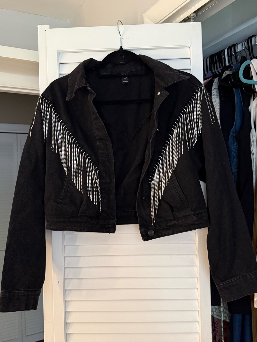 Windsor Black Denim Jacket with Rhinestone Fringe